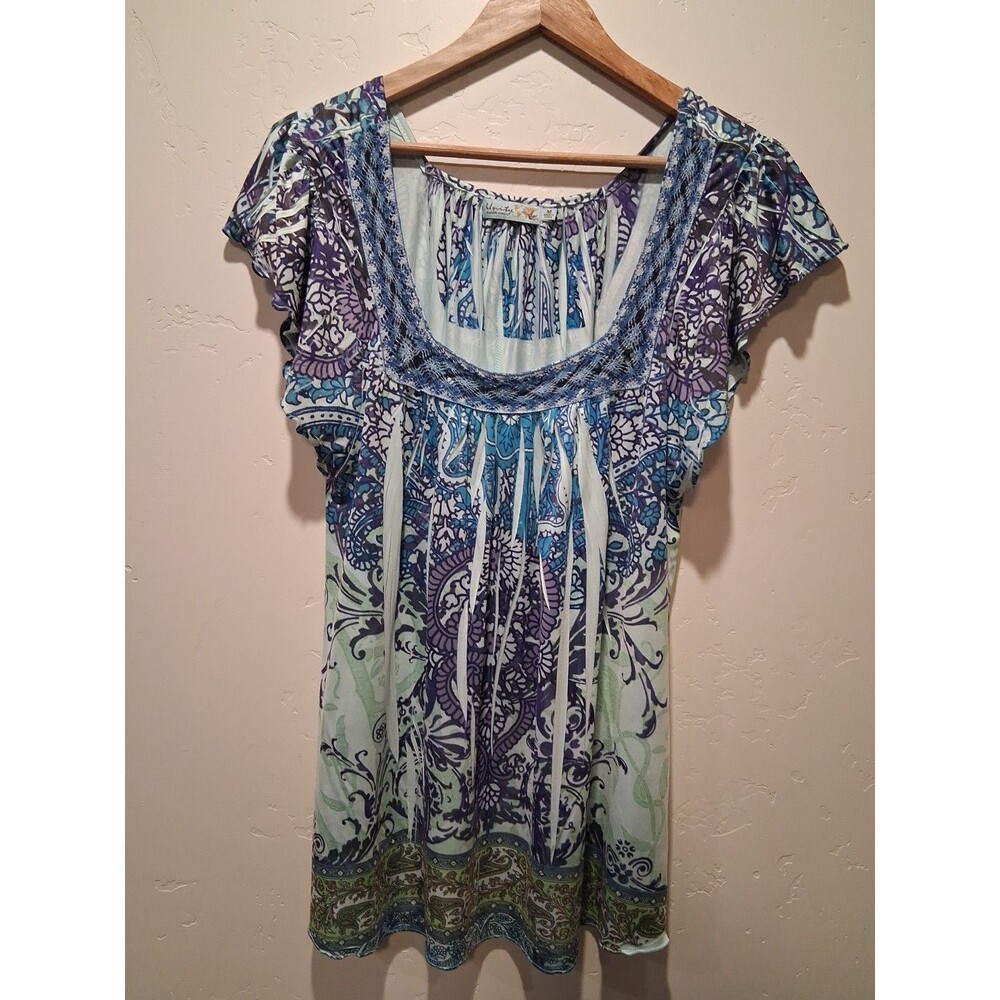 Unity World Wear Short Flutter Sleeve Boho Top Bohemian Blue/Purple M